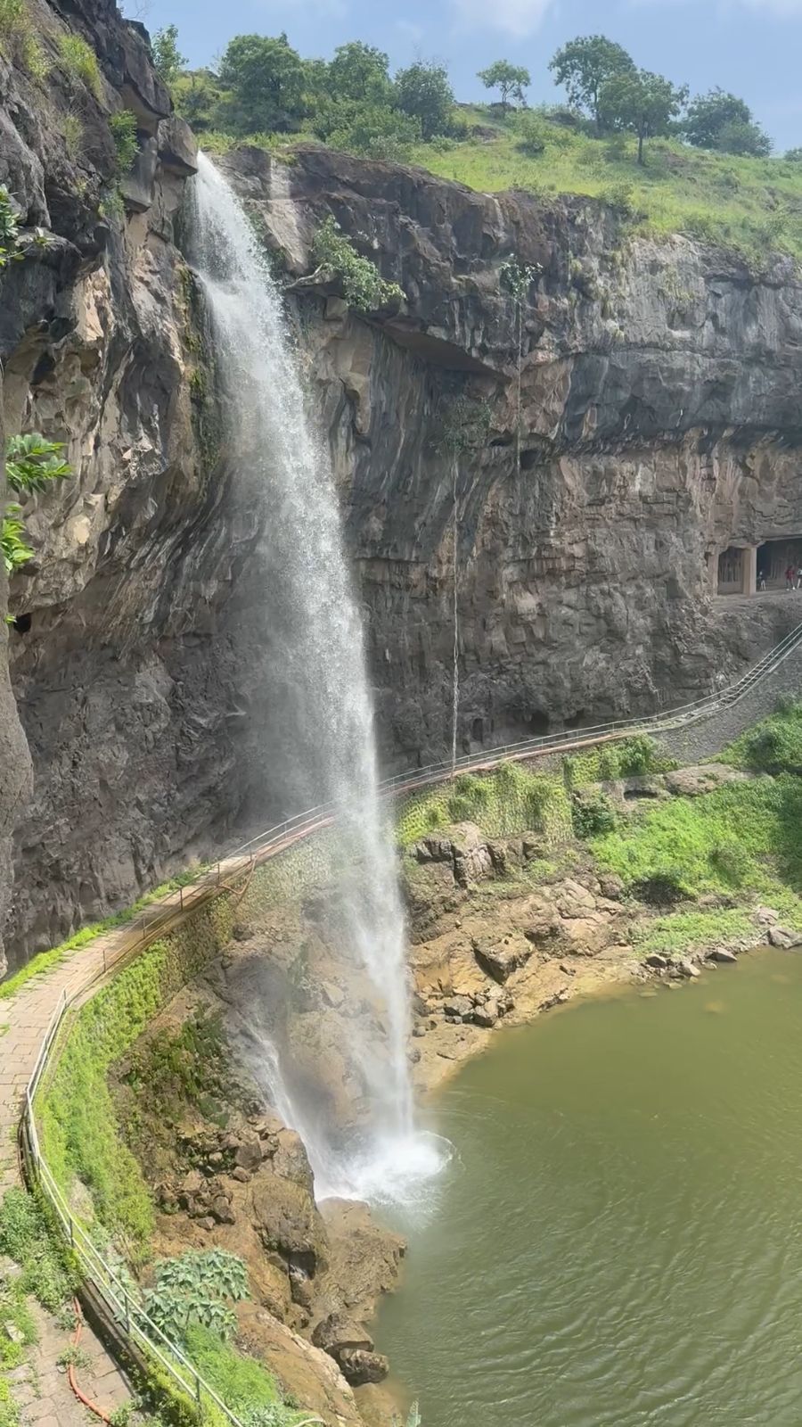 The waterfall beside the Ellora caves.